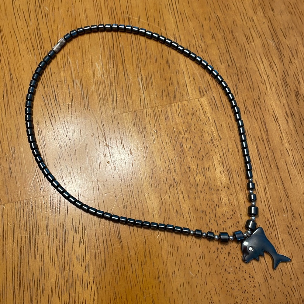 Black Hematite Necklace Including Dolphin Pendant with CZ Chip